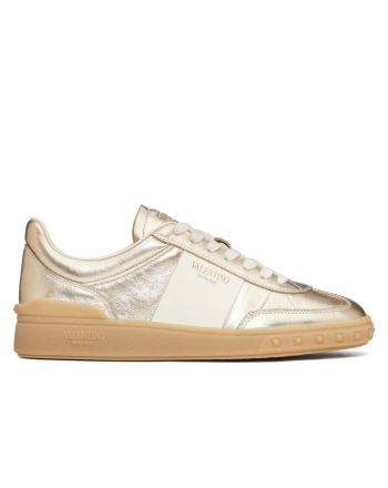 Valentino Unisex Upvillage Sneaker In Laminated Calfskin With Nappa Calfskin Leather Band Golden