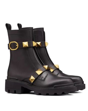 Valentino Women's Roman Stud Calfskin Combat Boot 40MM Black